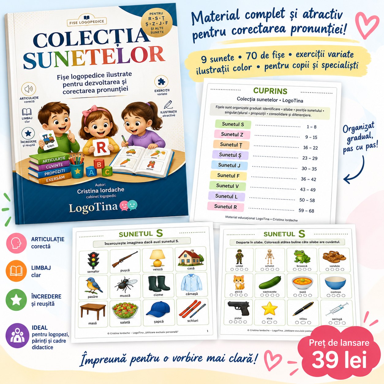 Prezentarea cărții Colecția Sunetelor, cu fișe logopedice ilustrate pentru nouă sunete