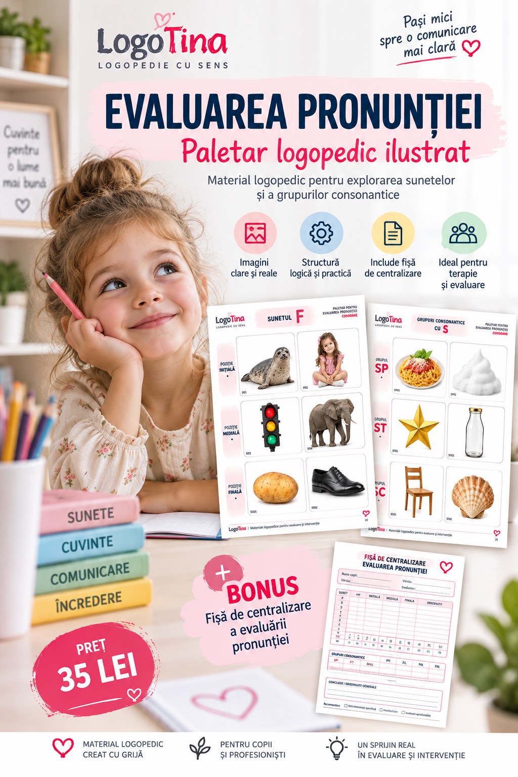 Coperta materialului Evaluarea pronunției, paletar logopedic ilustrat LogoTina